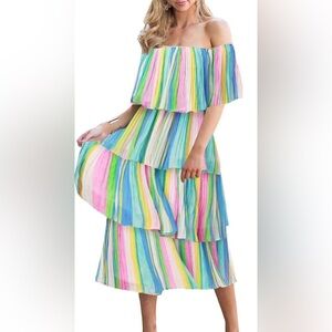 Pink and Blue Ruffled Tiered Off-the-Shoulder MIDI Sundress